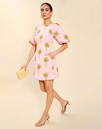 Woman wearing the Mestiza Donovan Mini Dress in English Rose, featuring a boat neckline, embroidered cotton poplin fabrication, fitted waist, balloon sleeves, subtle A-line skirt, and side seam pockets.