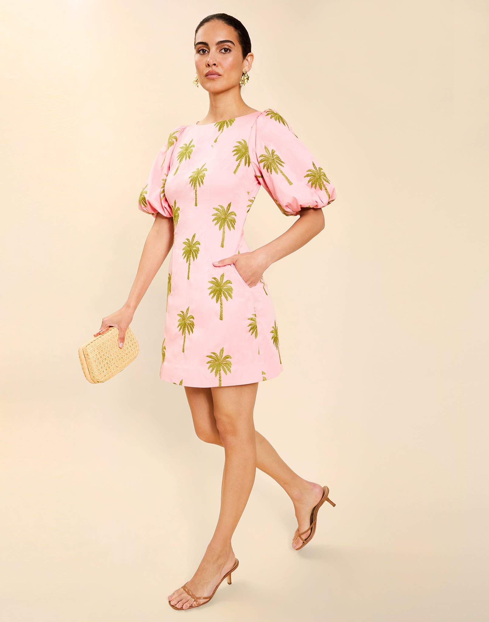 Woman wearing the Mestiza Donovan Mini Dress in English Rose, featuring a boat neckline, embroidered cotton poplin fabrication, fitted waist, balloon sleeves, subtle A-line skirt, and side seam pockets.