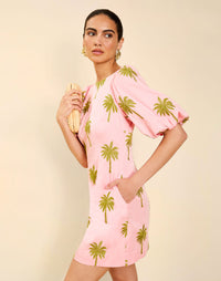 Woman wearing the Mestiza Donovan Mini Dress in English Rose, featuring a boat neckline, embroidered cotton poplin fabrication, fitted waist, balloon sleeves, subtle A-line skirt, and side seam pockets.