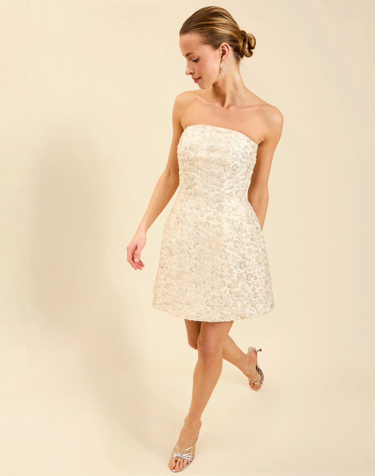 Dottie Mini Dress in Sugar Swizzle with beaded linen organza, strapless neckline, structured bodice with boning, and bell-skirt mini silhouette.