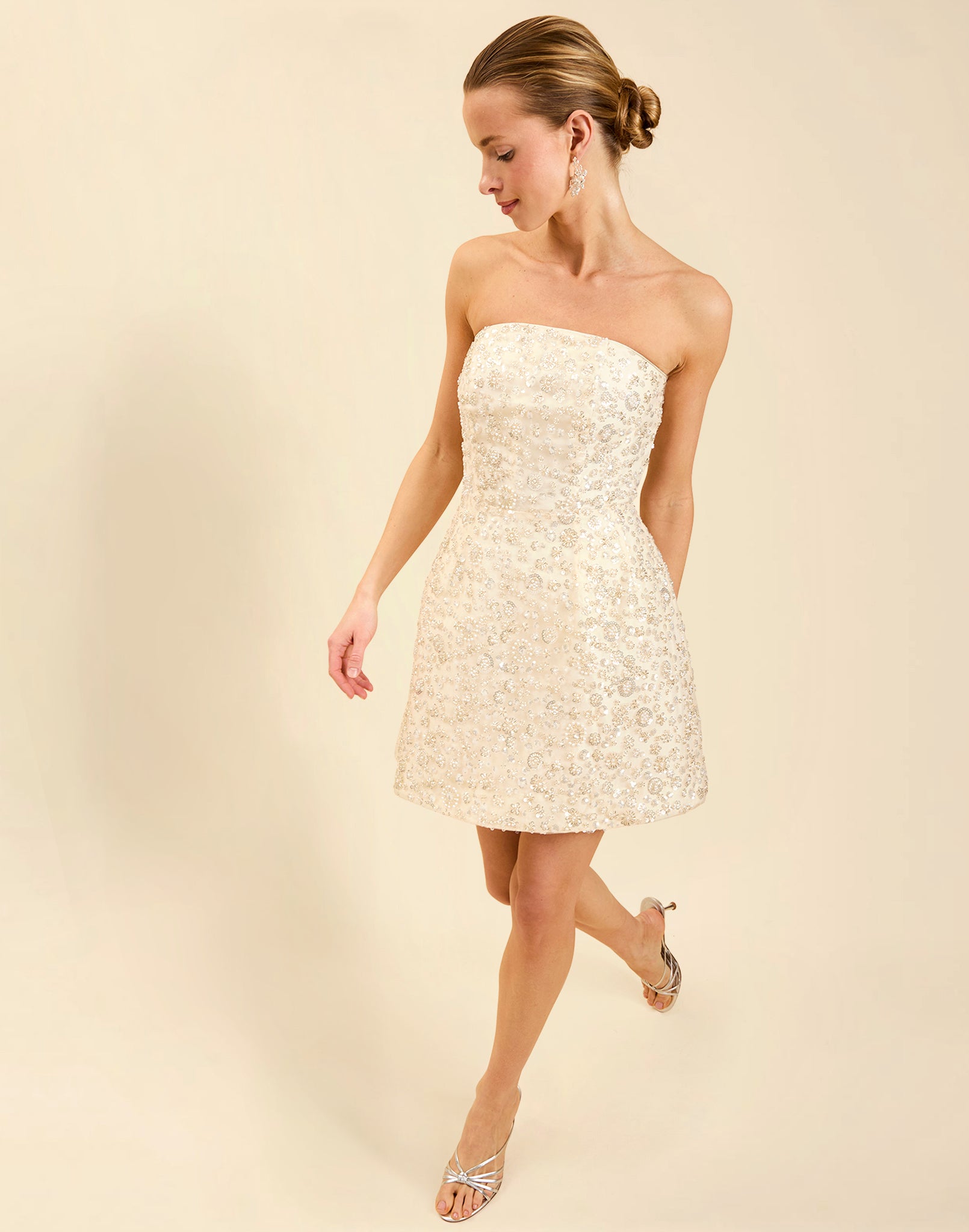 Dottie Mini Dress in Sugar Swizzle with beaded linen organza, strapless neckline, structured bodice with boning, and bell-skirt mini silhouette.