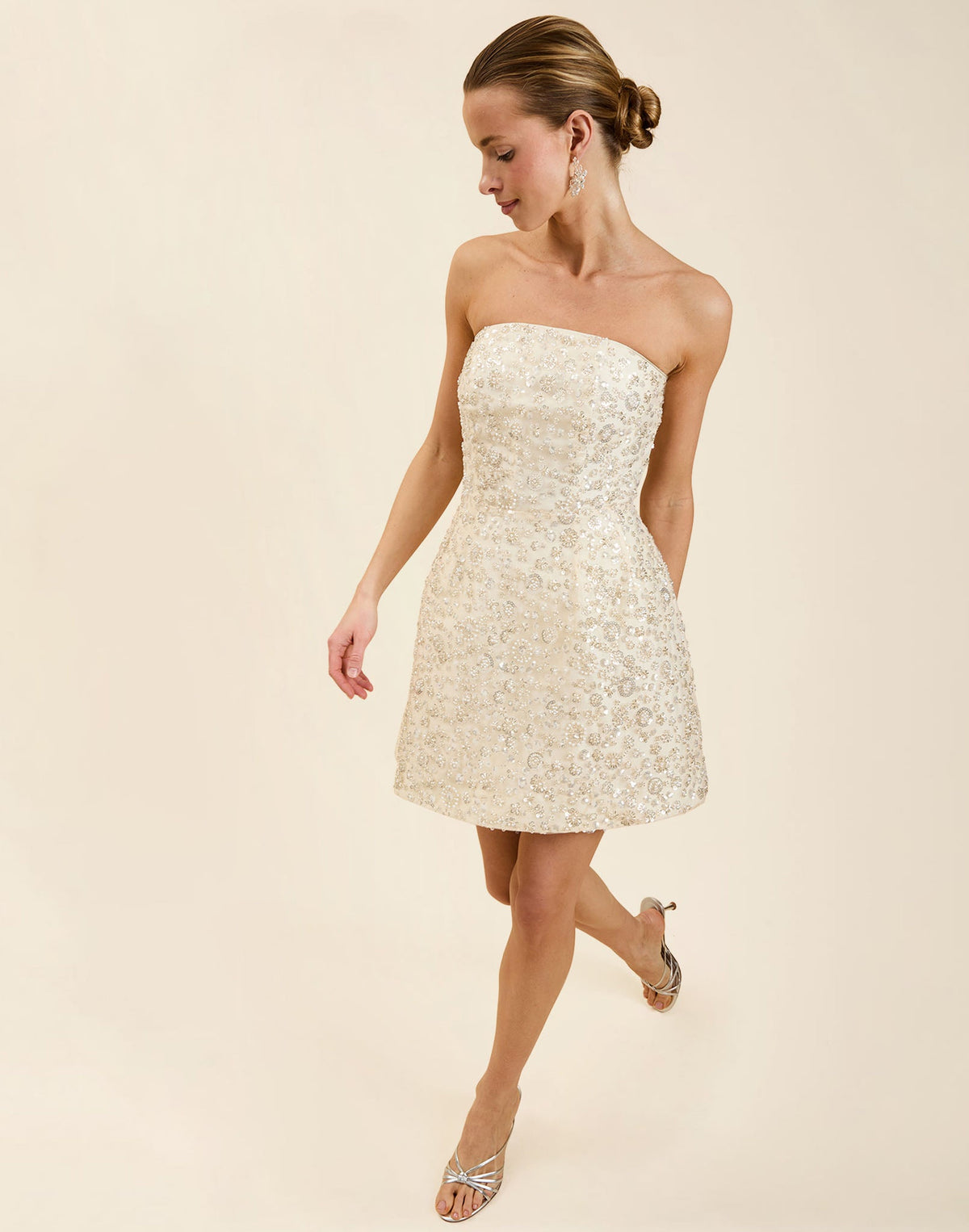 Dottie Mini Dress in Sugar Swizzle with beaded linen organza, strapless neckline, structured bodice with boning, and bell-skirt mini silhouette.