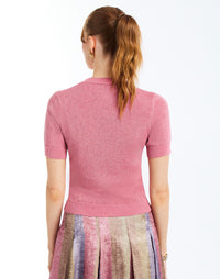 Drew Crew-Neck Sweater in Gilded Pink back – metallic knit short-sleeve sweater with ribbed cuffs and hem by Mestiza New York.