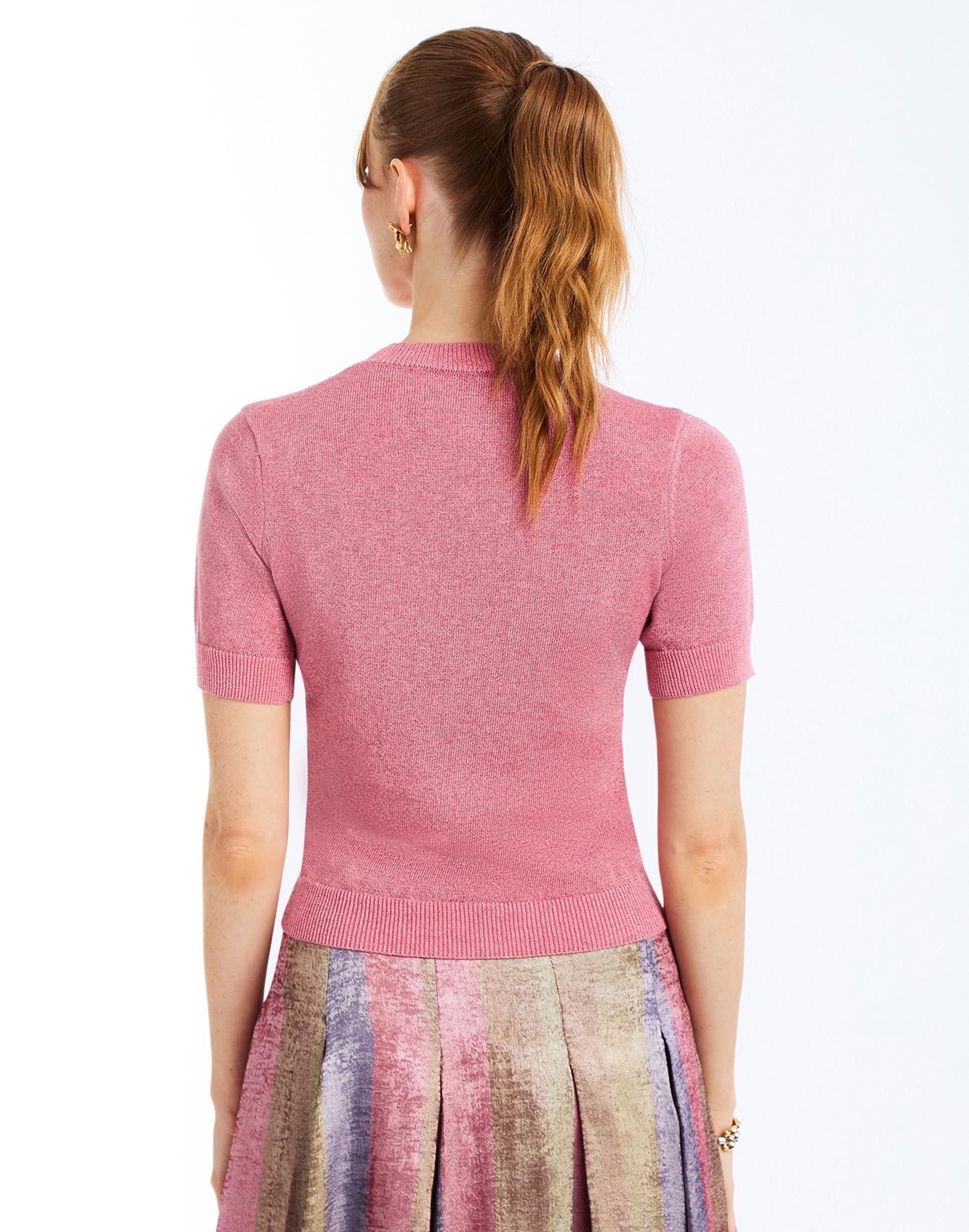 Drew Crew-Neck Sweater in Gilded Pink back – metallic knit short-sleeve sweater with ribbed cuffs and hem by Mestiza New York.