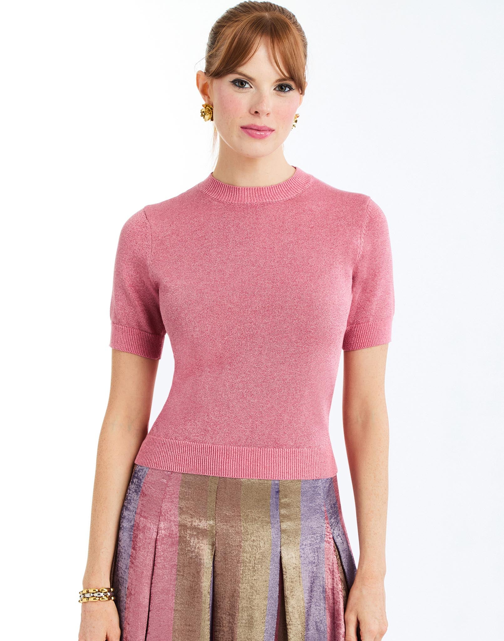 Drew Crew-Neck Sweater in Gilded Pink front – metallic knit short-sleeve sweater with ribbed cuffs and hem by Mestiza New York.