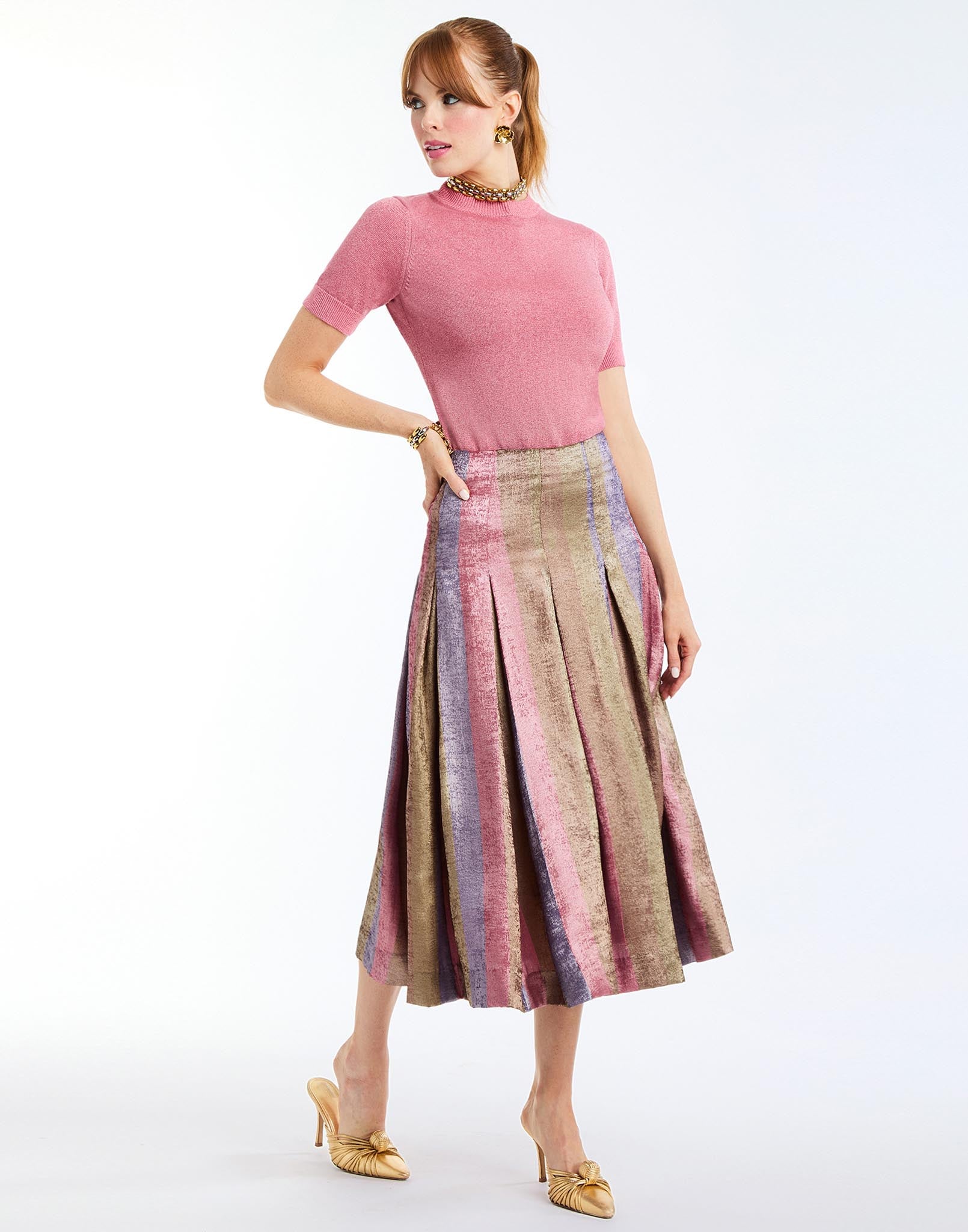 Drew Crew-Neck Sweater in Gilded Pink full body – metallic knit short-sleeve sweater with ribbed cuffs and hem by Mestiza New York.