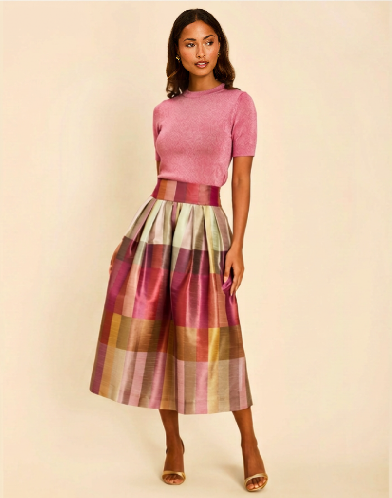 Drew Crew-Neck Sweater in Gilded Pink side – metallic knit short-sleeve sweater with ribbed cuffs and hem by Mestiza New York.