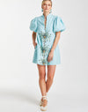 Modern Barong mini dress with puff sleeves and palm embroidery on front in breathable blue fabric