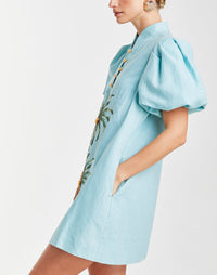Modern Barong mini dress with puff sleeves and palm embroidery on front in breathable blue fabric