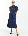 Modern barong midi dress in navy with embroidery, pearlized buttons, puff sleeves and side pockets