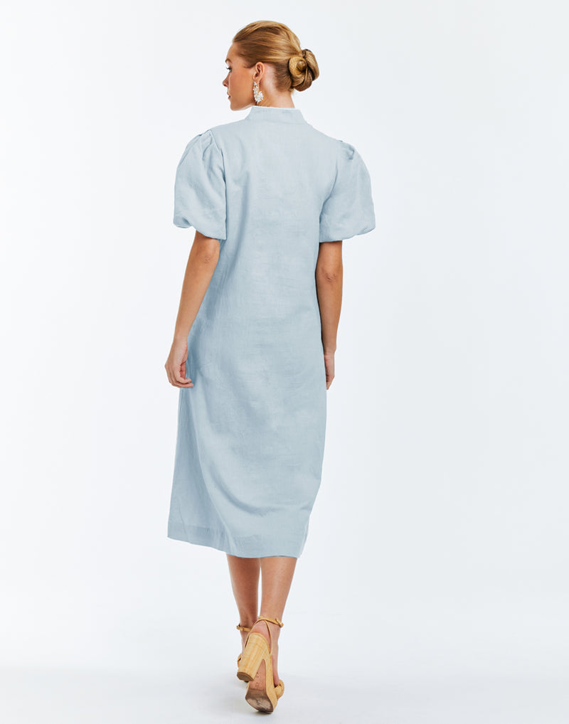 A-line midi dress with mandarin collar puff sleeves and embroidered flourishes.