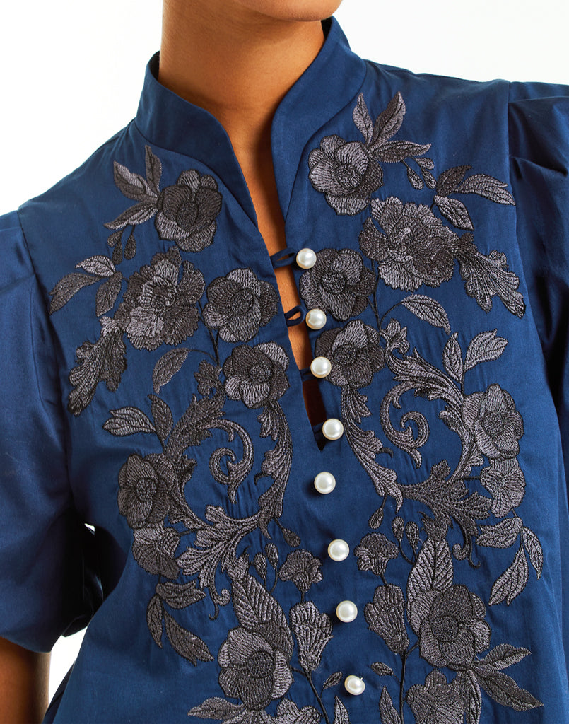 Modern Barong shift mini dress in Navy blue, puff sleeved wiith embroidery and pearlized front buttons.