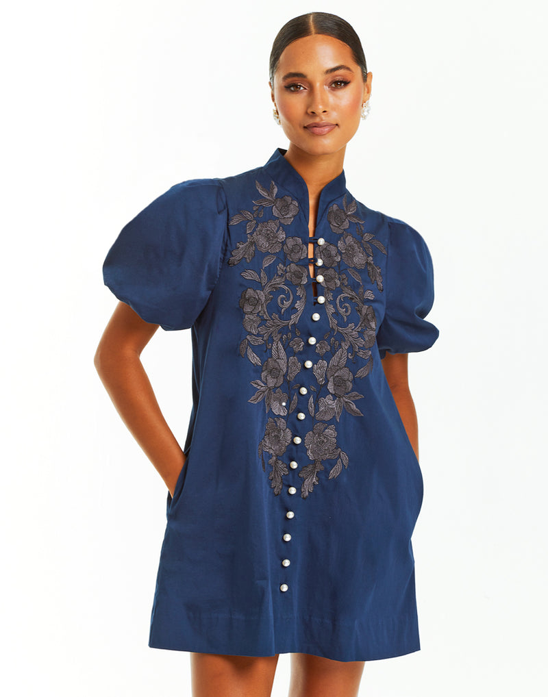 Modern Barong shift mini dress in Navy blue, puff sleeved wiith embroidery and pearlized front buttons.