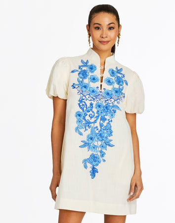 Elliana Barong Mini Dress L / Ivory/Royal Blue