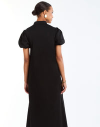Elliana Barong Midi Dress in Black Ivory back – embroidered A-line midi dress with puff sleeves, V-neckline, and side seam pockets by Mestiza New York.
