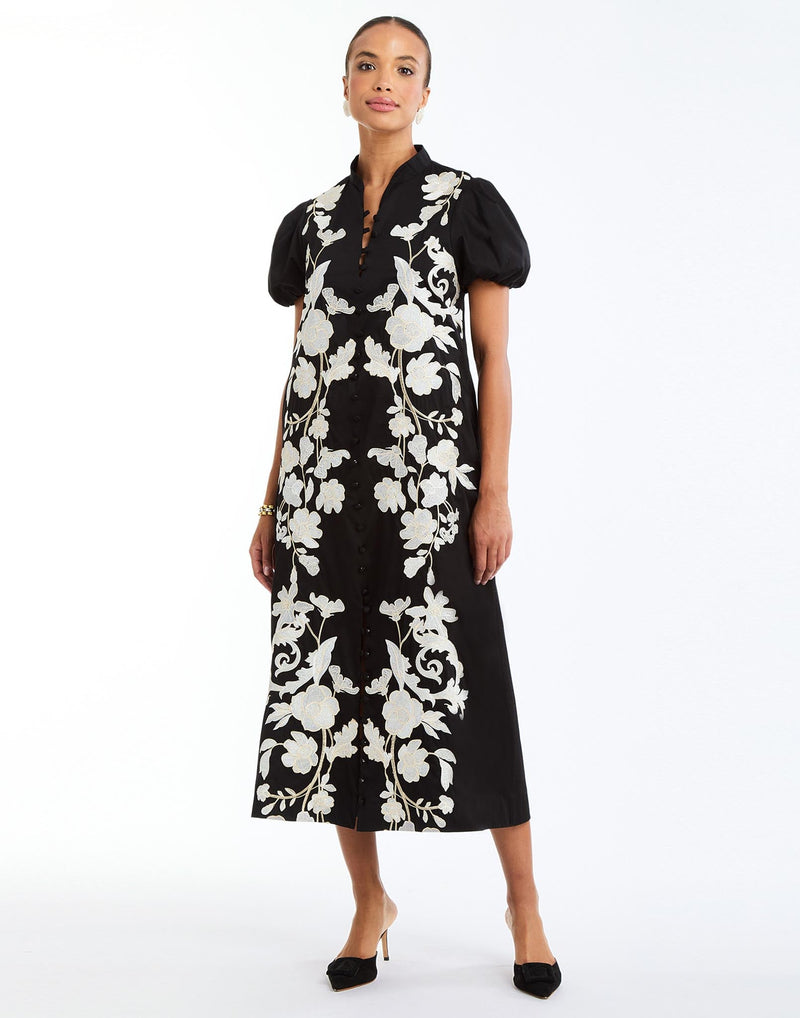 Elliana Barong Midi Dress in Black Ivory front – embroidered A-line midi dress with puff sleeves, V-neckline, and side seam pockets by Mestiza New York.
