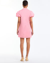 Elliana Barong Mini Dress in Aurora Pink back – shift mini dress with palm tree embroidery, puff sleeves, mandarin collar, and side pockets by Mestiza New York.