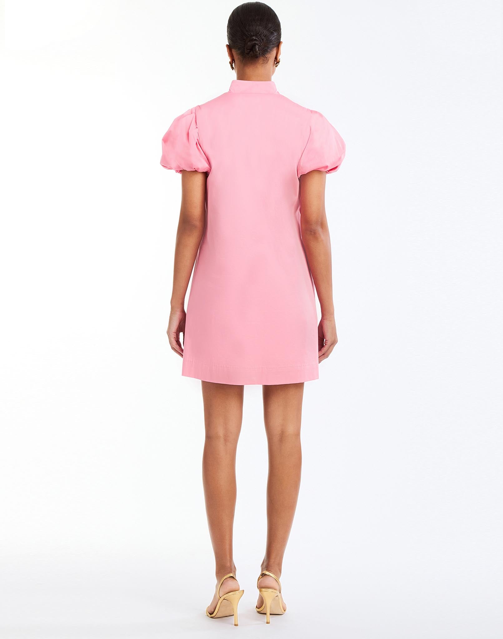 Elliana Barong Mini Dress in Aurora Pink back – shift mini dress with palm tree embroidery, puff sleeves, mandarin collar, and side pockets by Mestiza New York.