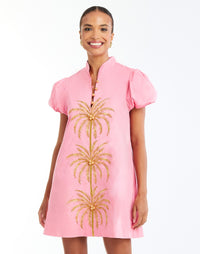 Elliana Barong Mini Dress in Aurora Pink Front Image – shift mini dress with palm tree embroidery, puff sleeves, mandarin collar, and side pockets by Mestiza New York.