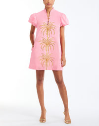 Elliana Barong Mini Dress in Aurora Pink Full body – shift mini dress with palm tree embroidery, puff sleeves, mandarin collar, and side pockets by Mestiza New York.