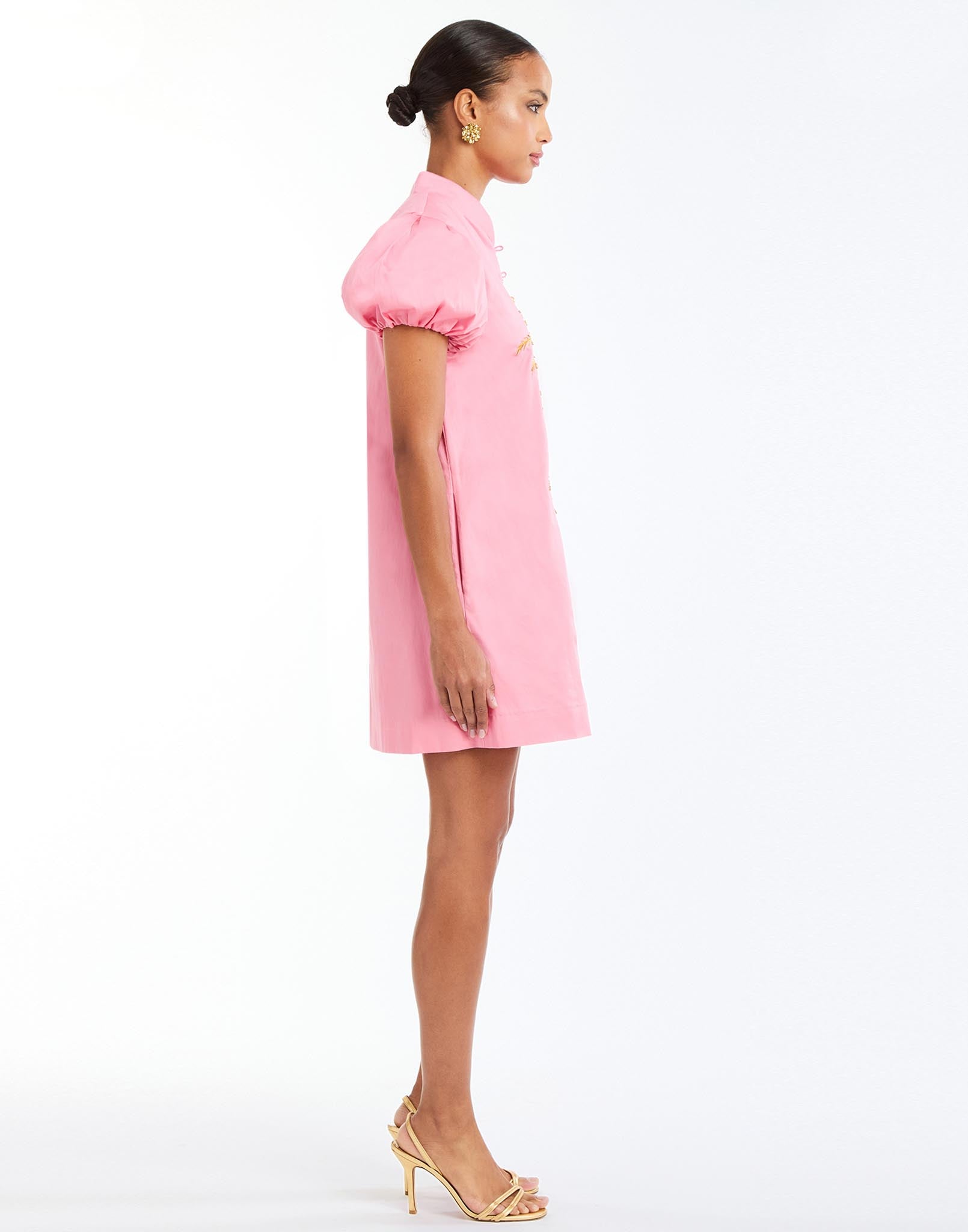 Elliana Barong Mini Dress in Aurora Pink side – shift mini dress with palm tree embroidery, puff sleeves, mandarin collar, and side pockets by Mestiza New York.