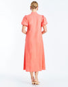 Back - Elliana Midi Dress in Fresco Sunset is an embroidered linen midi with puff sleeves, mandarin collar, and floral center-front detail.