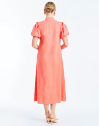 Back - Elliana Midi Dress in Fresco Sunset is an embroidered linen midi with puff sleeves, mandarin collar, and floral center-front detail.
