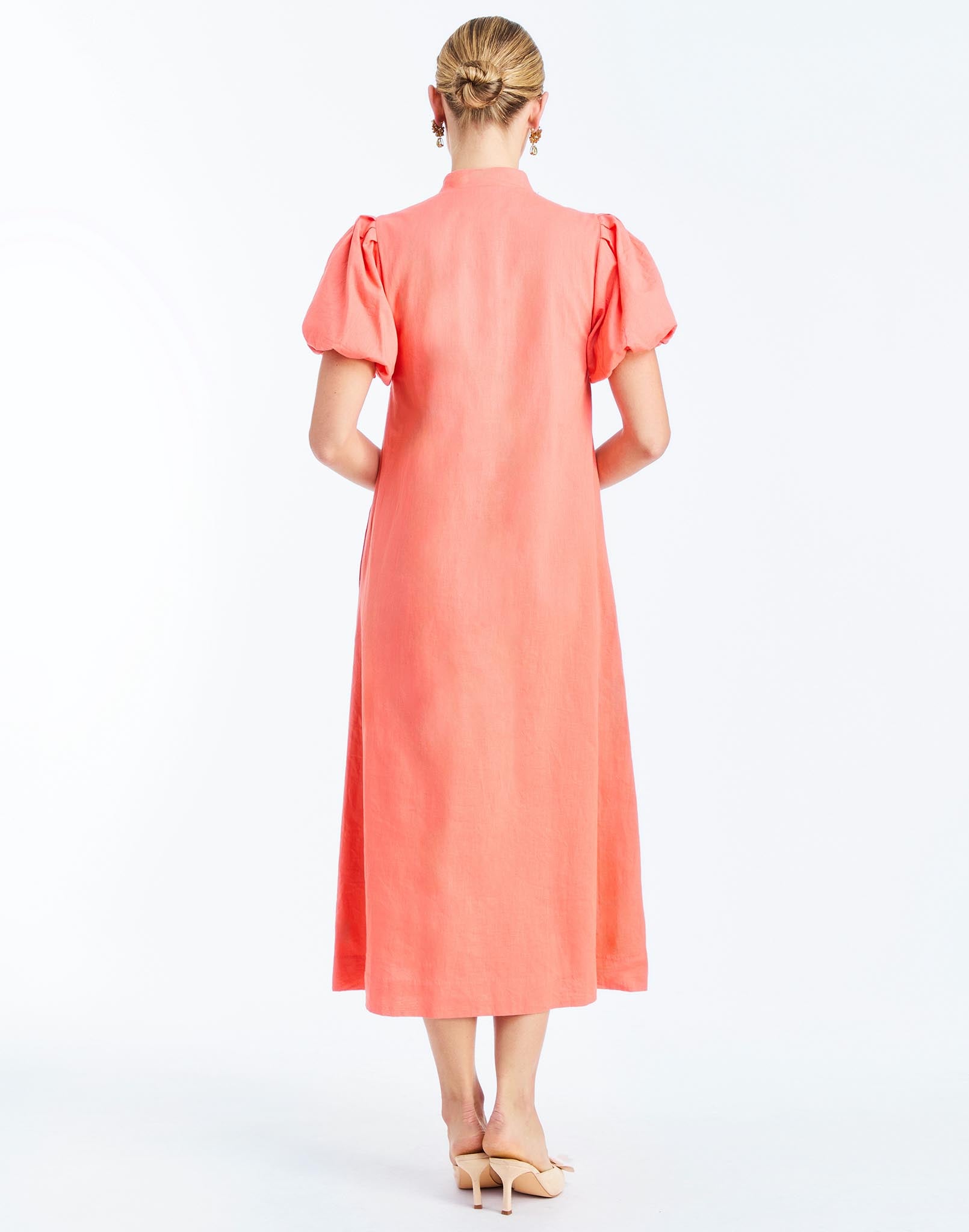 Back - Elliana Midi Dress in Fresco Sunset is an embroidered linen midi with puff sleeves, mandarin collar, and floral center-front detail.
