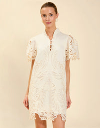 Elliana Lace Mini Dress in Ivory broderie anglaise lace with mandarin collar, pleated puff sleeves, scalloped hem, and shift mini silhouette.