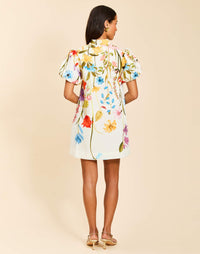 Elliana Mini Dress in Garden Muse floral cotton poplin with mandarin collar, pleated puff sleeves, shift silhouette, and side pockets.