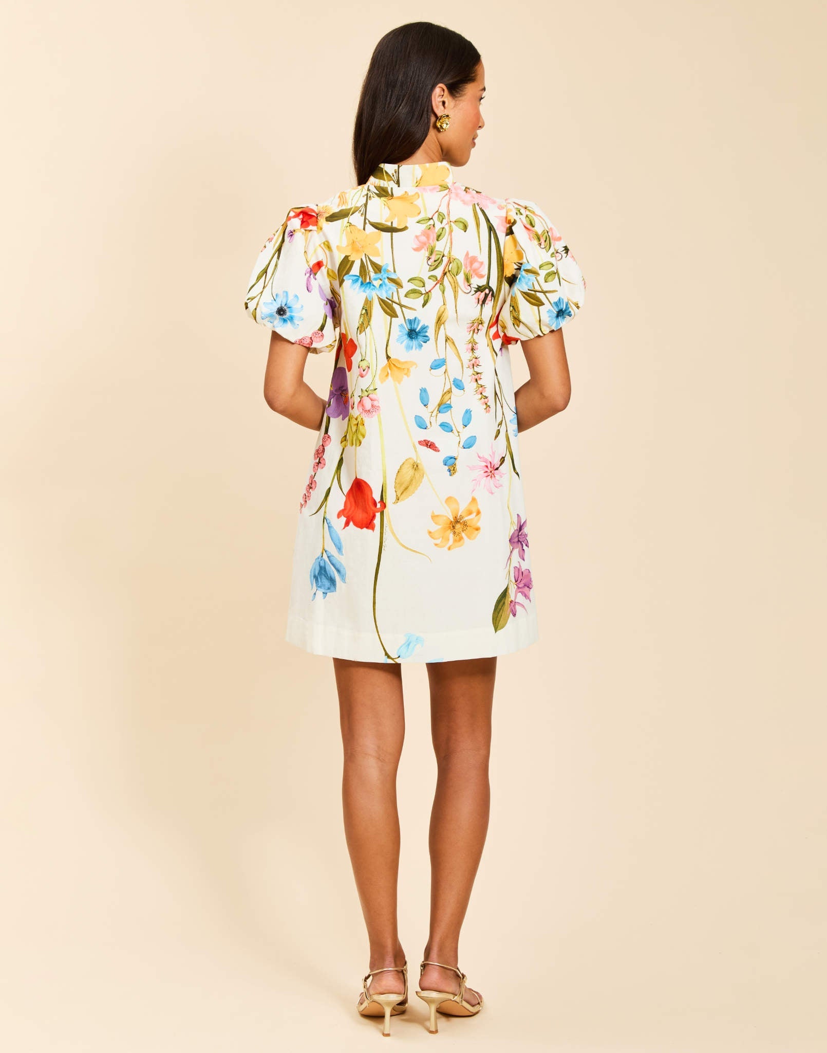 Elliana Mini Dress in Garden Muse floral cotton poplin with mandarin collar, pleated puff sleeves, shift silhouette, and side pockets.