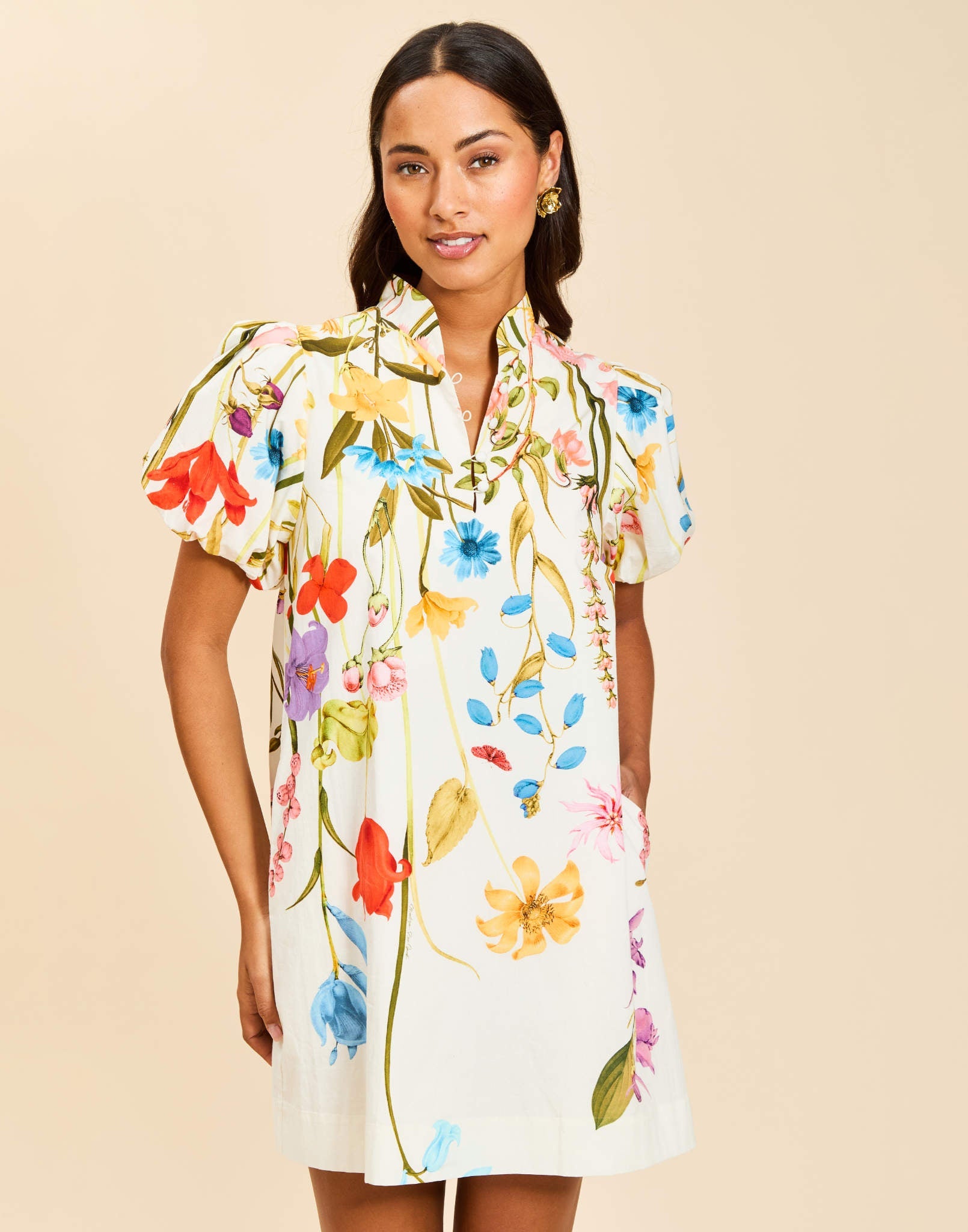 Elliana Mini Dress in Garden Muse floral cotton poplin with mandarin collar, pleated puff sleeves, shift silhouette, and side pockets.
