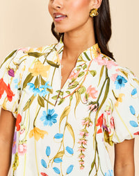 Elliana Mini Dress in Garden Muse floral cotton poplin with mandarin collar, pleated puff sleeves, shift silhouette, and side pockets.