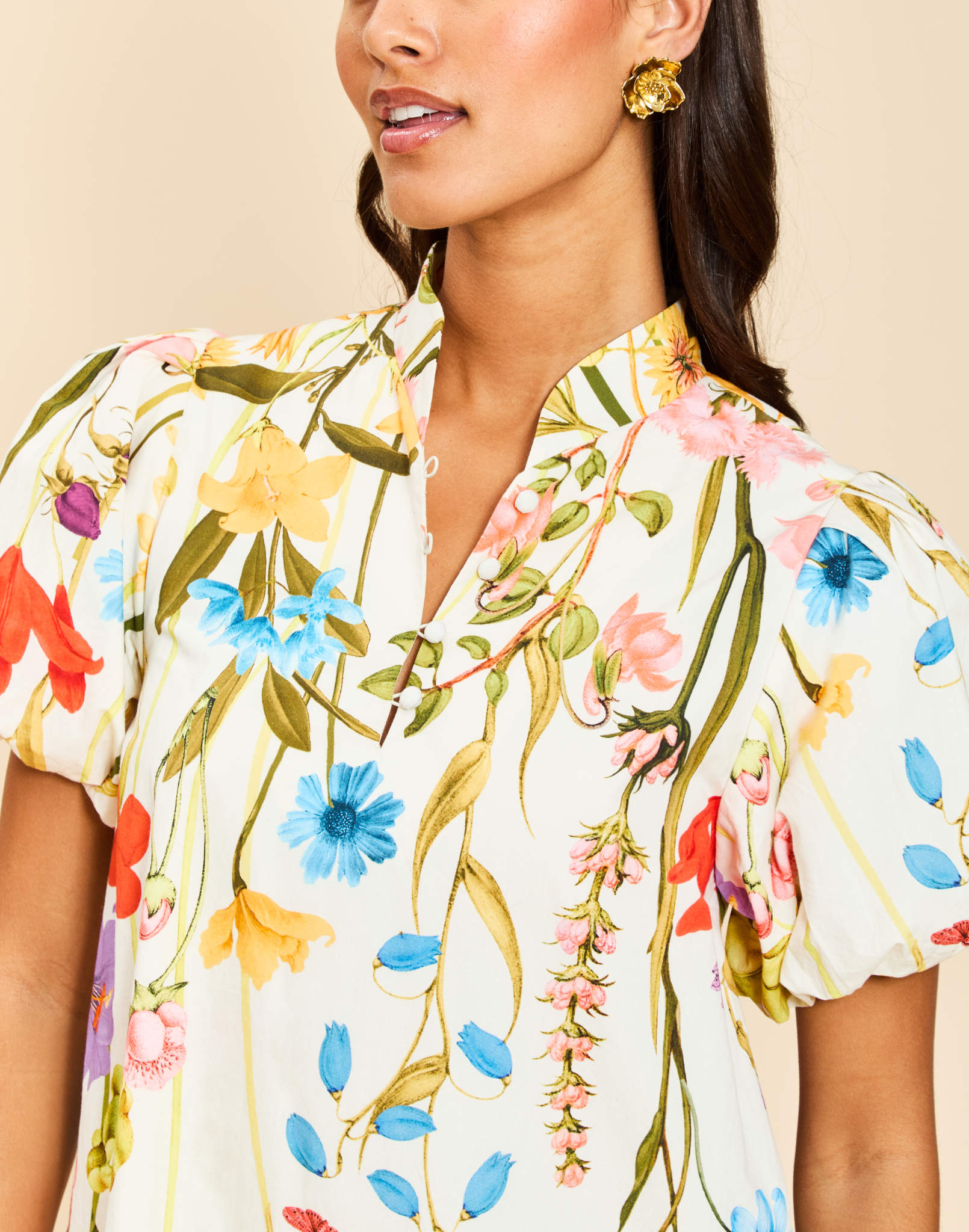 Elliana Mini Dress in Garden Muse floral cotton poplin with mandarin collar, pleated puff sleeves, shift silhouette, and side pockets.