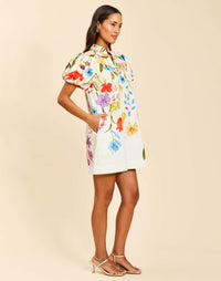 Elliana Mini Dress in Garden Muse floral cotton poplin with mandarin collar, pleated puff sleeves, shift silhouette, and side pockets.