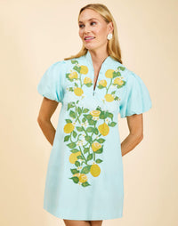 Elliana Mini Dress in Sorrento Citrus cotton poplin with barong-style lemon embroidery, mandarin collar, puff sleeves, and side pockets.