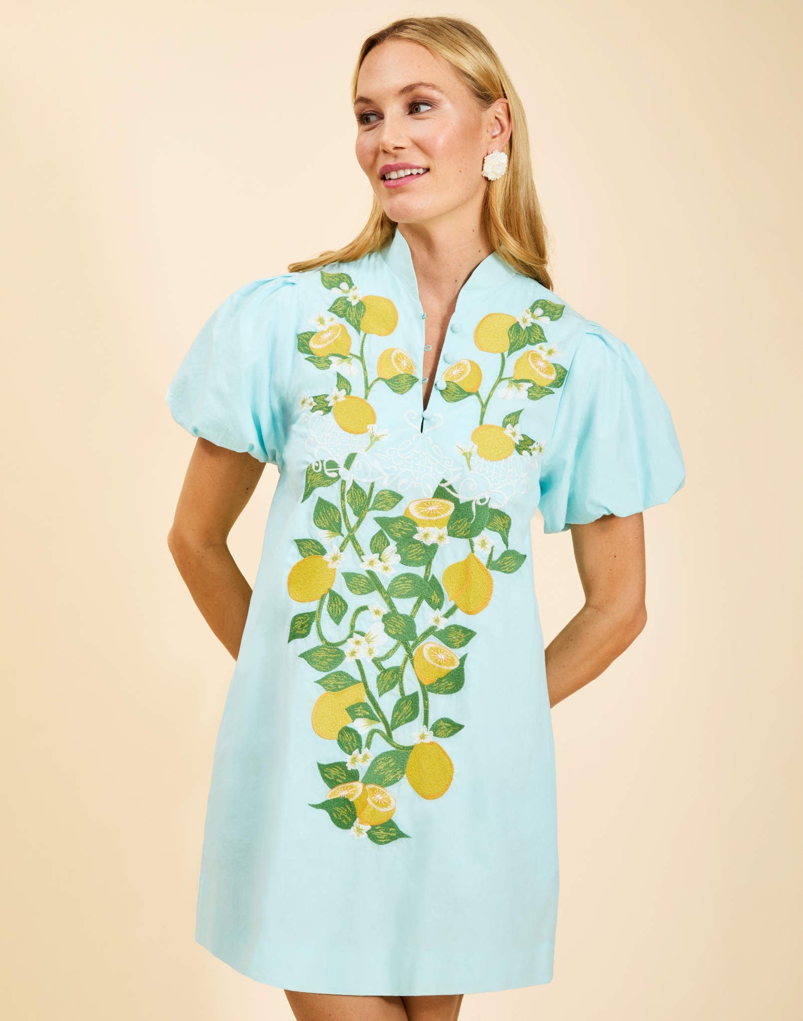 Elliana Mini Dress in Sorrento Citrus cotton poplin with barong-style lemon embroidery, mandarin collar, puff sleeves, and side pockets.