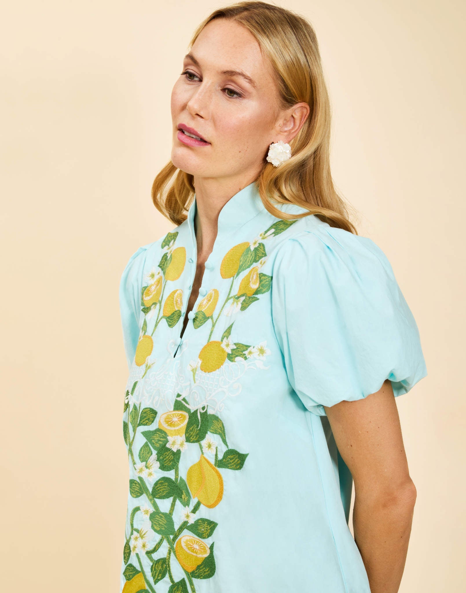 Elliana Mini Dress in Sorrento Citrus cotton poplin with barong-style lemon embroidery, mandarin collar, puff sleeves, and side pockets.