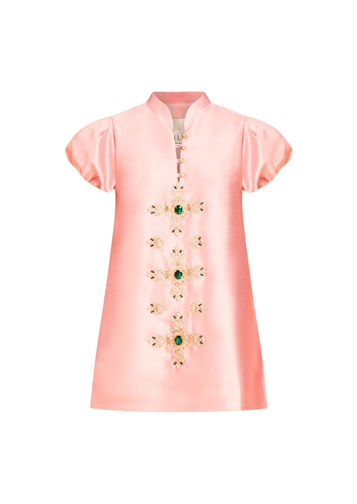 Elliana Mini Dress in Blush Tulip with a mandarin collar, pleated puff sleeves, and beading down the front.
