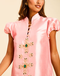 Elliana Mini Dress in Blush Tulip with a mandarin collar, pleated puff sleeves, and beading down the front.
