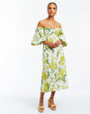 Floral printed midi dress with off-shoulder puff sleeves, sweetheart neckline, pockets, and smocking on back bodice. 