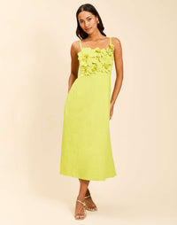 Esperanza Midi Dress in Citrus Green linen with 3D floral detailing, square neckline, adjustable straps, empire waist, and A-line midi skirt.