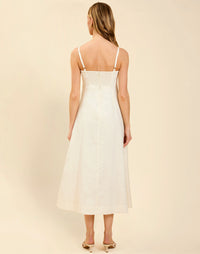 Esperanza Midi Dress in Ivory linen with 3D floral appliqué, empire bodice, adjustable straps, and elegant A-line midi skirt.