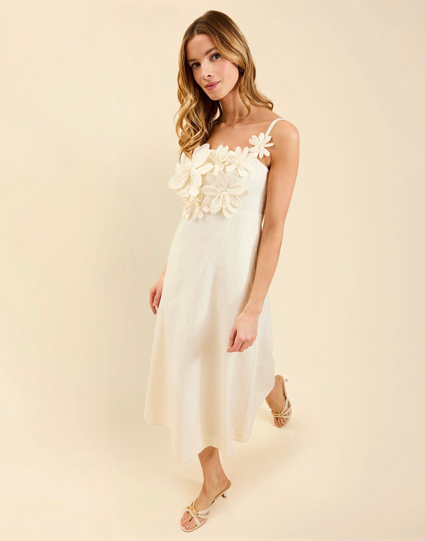 Esperanza Midi Dress in Ivory linen with 3D floral appliqué, empire bodice, adjustable straps, and elegant A-line midi skirt.