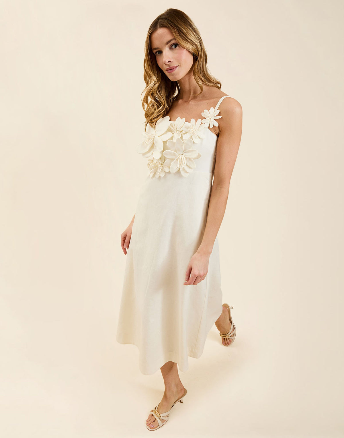 Esperanza Midi Dress in Ivory linen with 3D floral appliqué, empire bodice, adjustable straps, and elegant A-line midi skirt.
