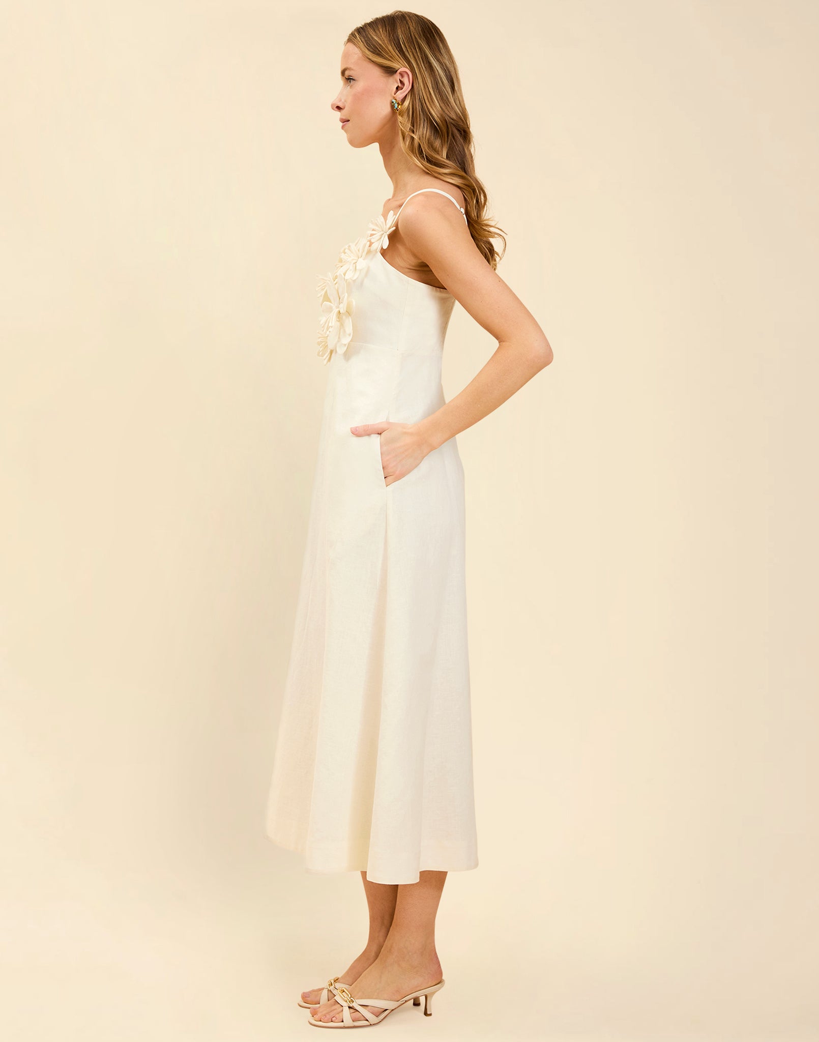 Esperanza Midi Dress in Ivory linen with 3D floral appliqué, empire bodice, adjustable straps, and elegant A-line midi skirt.