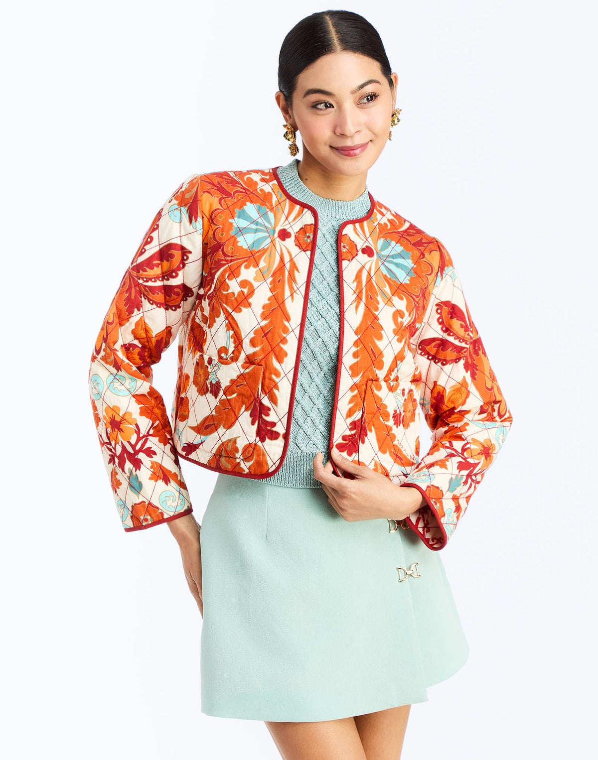 Front - Este Quilted Jacket in Calypso Waltz is a reversible quilted cotton jacket with piping and patch pockets.