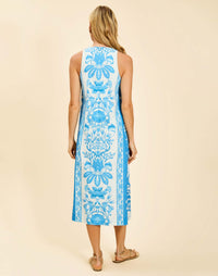 Farfalle Midi Dress in Florentine Blue linen with racerback tank neckline, relaxed column silhouette, and side pockets.