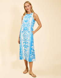 Farfalle Midi Dress in Florentine Blue linen with racerback tank neckline, relaxed column silhouette, and side pockets.