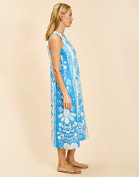 Farfalle Midi Dress in Florentine Blue linen with racerback tank neckline, relaxed column silhouette, and side pockets.